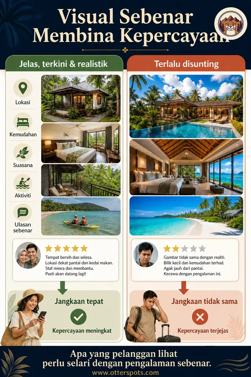 Perbandingan gambar penginapan realistik dan terlalu disunting serta kesannya terhadap kepercayaan pelanggan.